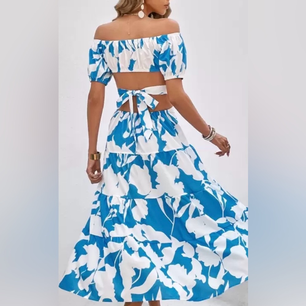 Elegant Blue Floral Spring wedding guest dress Off-Shoulder Boho maxi M NWOT - Picture 4 of 7